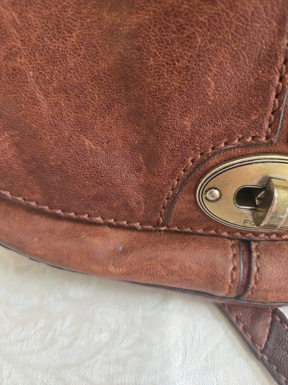 LOW START Fossil Brown Leather Crossbody Bag with Brass Hardware - Picture 6 of 15